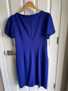 DKNY Royal Blue Midi Sheath Dress with Puff Sleeves